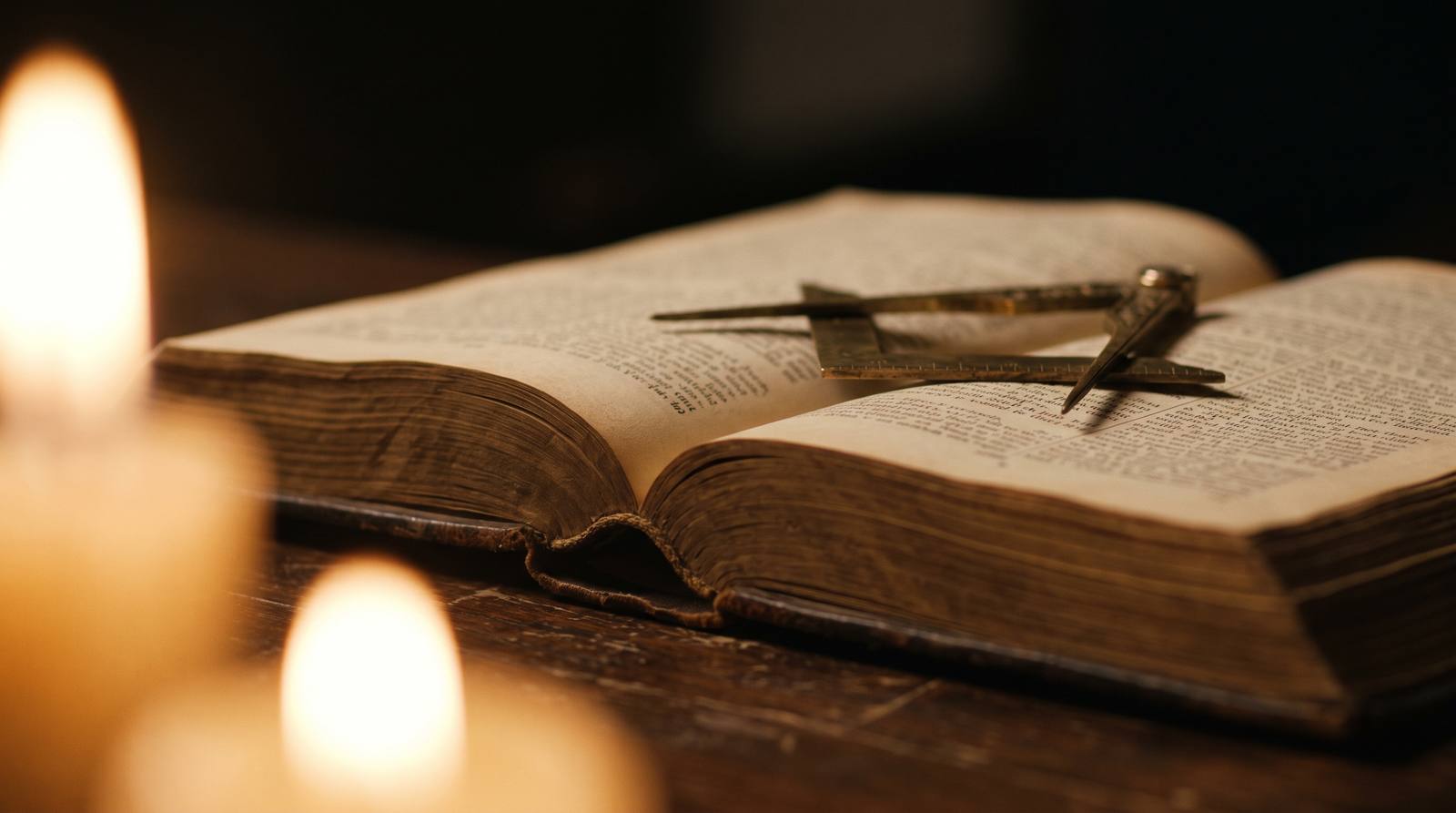 Open boek met winkelhaak en passer bij kaarslicht