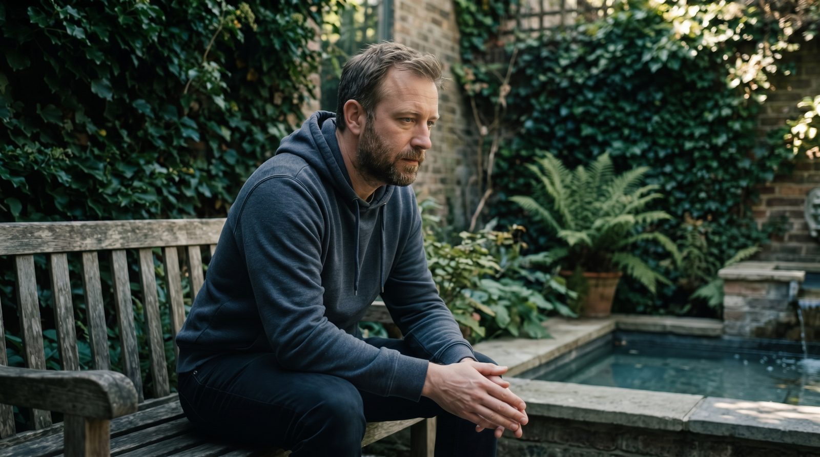 Man in bezinning in een tuin