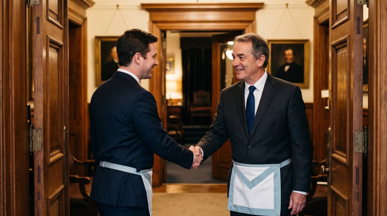 Twee mannen schudden elkaar de hand in een deuropening
