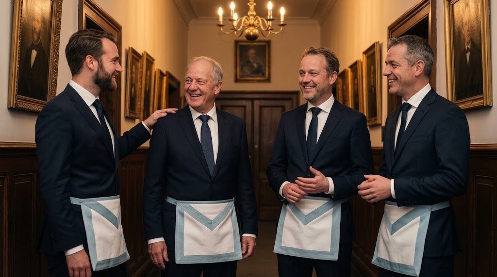 Vier leden in schootsvel in een gang met portretten