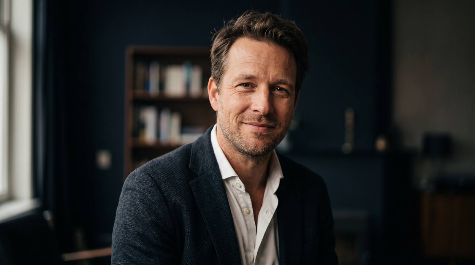 Portret van een man in een donkere studeerkamer
