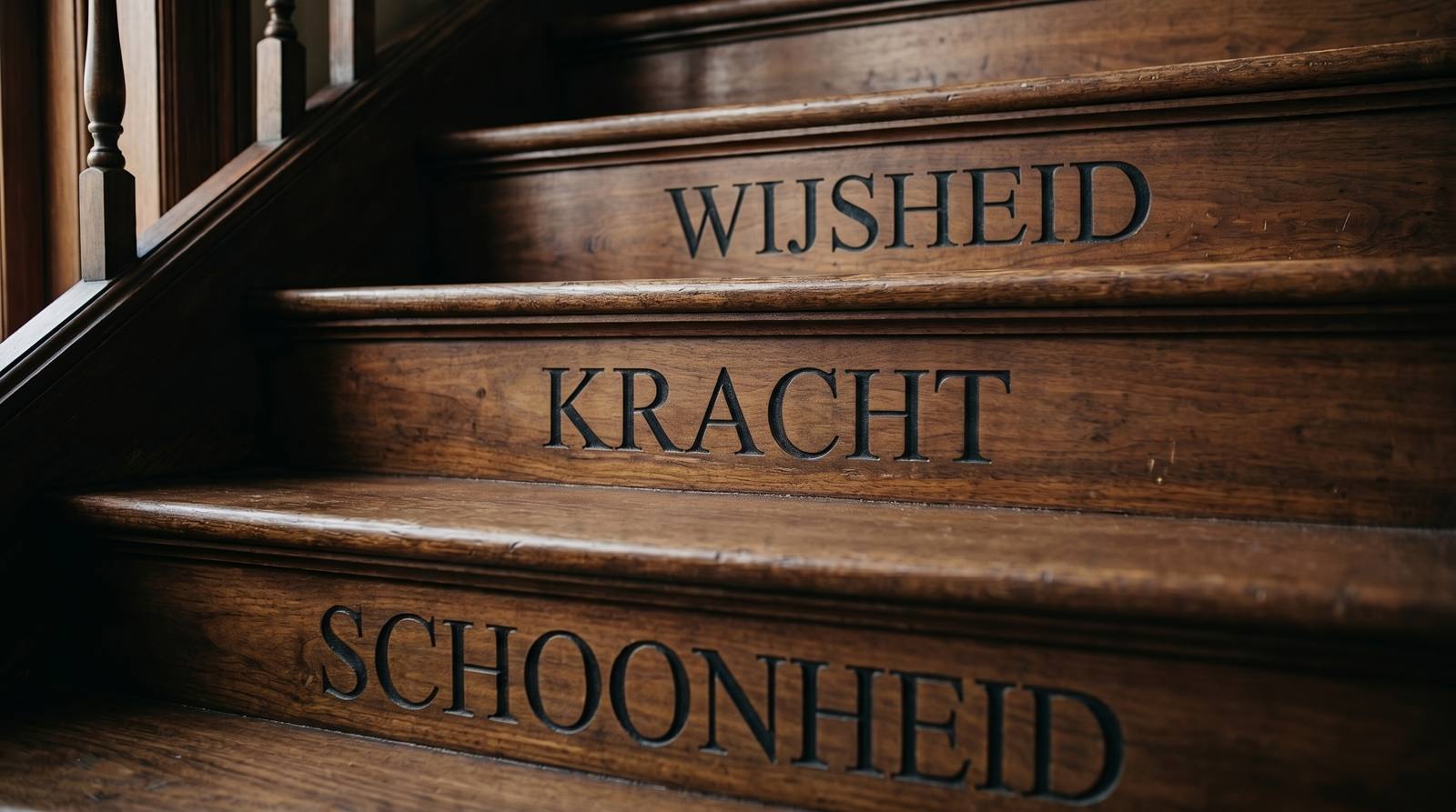 Houten trap met de woorden Wijsheid, Kracht en Schoonheid